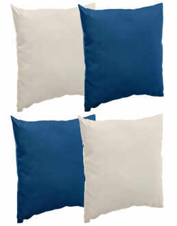 Bank/sier/tuin kussens voor binnen/buiten set 4x stuks beige/indigo blauw 40 x 40 cm