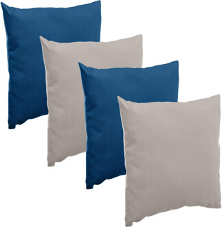 Bank/sier/tuin kussens voor binnen/buiten set 4x stuks indigo blauw/taupe 40 x 40 cm - Sierkussens