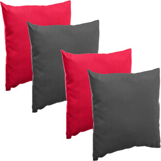 Bank/sier/tuin kussens voor binnen/buiten set 4x stuks rood/antraciet 40 x 40 cm - Sierkussens Grijs