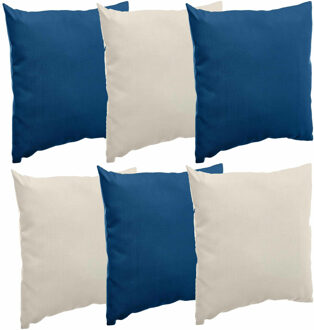 Bank/sier/tuin kussens voor binnen/buiten set 6x stuks beige/indigo blauw 40 x 40 cm - Sierkussens