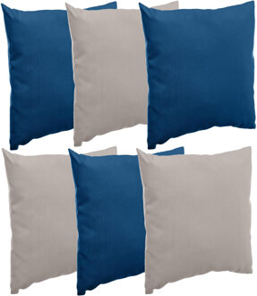 Bank/sier/tuin kussens voor binnen/buiten set 6x stuks indigo blauw/taupe 40 x 40 cm - Sierkussens