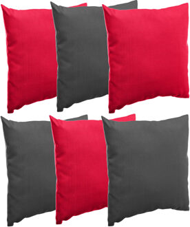 Bank/sier/tuin kussens voor binnen/buiten set 6x stuks rood/antraciet 40 x 40 cm