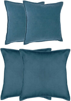 Bank/sierkussens Sophia - set 4x - Blauw - polyester - met rits - In 2 formaten - Sierkussens