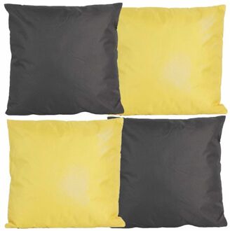Bank/tuin kussens set - voor binnen/buiten - 4x stuks - geel/antraciet grijs - 45 x 45 cm - Sierkussens