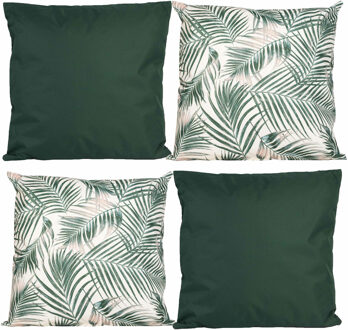 Bank/tuin kussens set - voor binnen/buiten - 4x stuks - groen/palm print - 45 x 45 cm - Sierkussens