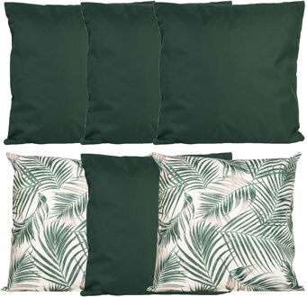 Bank/tuin kussens set - voor binnen/buiten - 6x stuks - groen/palm print - 45 x 45 cm - Sierkussens