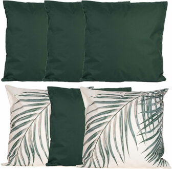 Bank/tuin kussens set - voor binnen/buiten - 6x stuks - groen/palm print - 45 x 45 cm - Sierkussens