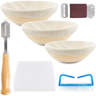 Banneton Proofing Mand Artisan Brood-Set Van 3 Deeg Stijgende Handgemaakte Rotan Kom Met Linnen Doek Brood Lame Schraper borstel Ba