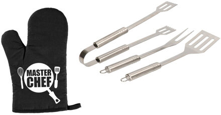 Barbecue/bbq gereedschap 3-delige set 33 cm van RVS met BBQ handschoen Masterchef - Barbecuegereedschapset