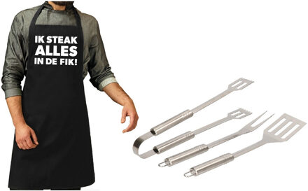 Barbecue/bbq gereedschap 3-delige set 33 cm van RVS met zwart schort Ik steak alles in de fik!
