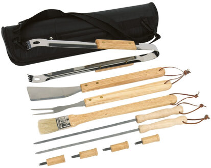 Barbecue gereedschap set RVS met houten handgrepen 10-delig met opbergetui - Barbecuegereedschapset