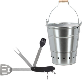 Barbecue set - houtskool BBQ emmer en een 5-in-1 Zwitsers BBQ zakmes - handig mee te nemen