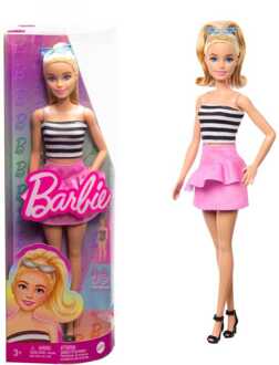 Barbie Fashionistas Pop #213, Blond Met Gestreepte Top, Roze Rok En Zonnebril Pop