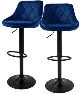 Barkruk set van 2 blauw fluwelen bekleding met rugleuning en voetensteun in hoogte verstelbaar 62-82cm ML-Design