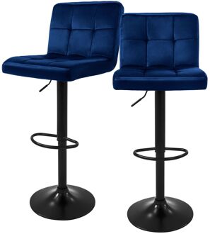 Barkruk set van 2 blauw fluwelen bekleding met rugleuning en voetensteun in hoogte verstelbaar 63-83cm ML-Design