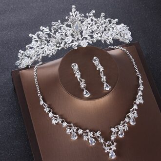Barokke Luxe Zilveren Kleur Kristal Hart Bruids Sieraden Sets Kettingen Oorbellen Tiara Kroon Bruiloft Kralen Afrikaanse Sieraden Sets 3stk Jewelry Set1