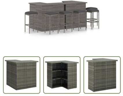 Barset Grey 100x50x105 cm - Poly Rattan - Steel - 2 Bartafels - 6 Barkrukken - 6 Zitkussens Grijs