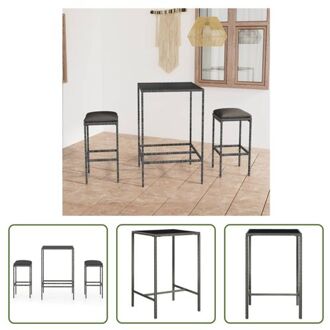 Barset Grijze PE-rattan - Stalen Frame - Gehard Glas - Afmetingen Tafel- 70x70x110cm - Afmetingen Grijs