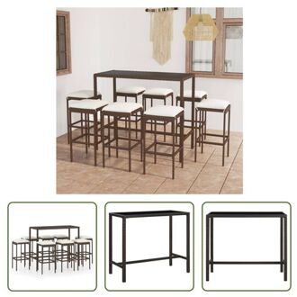 Barset Rattan - 130 x 60 x 110 cm - Bruin - Tafel en 8 krukken - PE-rattan en gehard glas met stalen