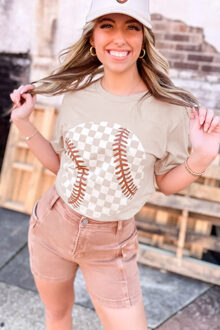 Baseball T-shirt met Geruit Grafisch Design Bruin