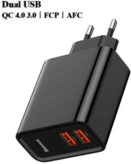 Baseus Dual Usb Fast Charger 30W Ondersteuning Quick Charge 4.0 3.0 Telefoon Oplader Draagbare Usb C Pd Charger Qc 4.0 3.0 Forxiaomi Dual USB A zwart