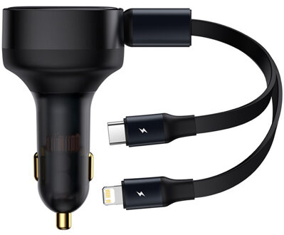 Baseus Enjoyment 2-in-1 | Fast Charge Autolader met uittrekbare USB-C- en Lightningkabel Zwart - One size