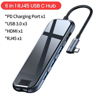 Baseus Usb Type C Hub Naar Hdmi RJ45 Multi Usb 3.0 USB3.0 Power Adapter Voor Macbook Pro Air Dock 3 poort USB-C Usb Hub Splitter Hab 6 In 1 RJ45 USBC Hub