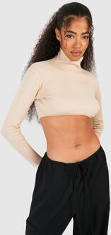 Basic Geribbelde Crop Top Met Hoge Hals En Lange Mouwen, Stone - 42