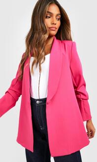 Basic Geweven Blazer Met Geplooide Mouwen, Laag Decolleté En Reverskraag, Hot Pink - 36