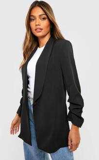 Basic Geweven Blazer Met Geruffelde Mouwen En Diepe V-Revers, Black - 42