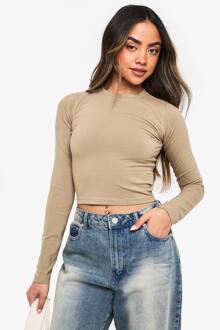 Basics Crop Top Met Lange Mouwen En Ronde Hals, Taupe - 34