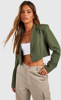 Basics Geweven Enkelknop Crop Blazer, Khaki - 42