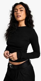 Basics Ribgebreide Crop Top Met Lange Mouwen En Ronde Hals, Black - 42