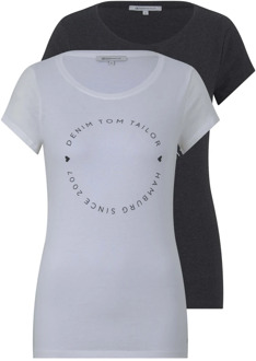 Basis T-shirt 2-pack Logo Print Loose Fit Tom Tailor , Multicolor , Dames - L,M,S,Xs