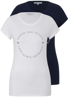 Basis T-shirt 2-Pack Ronde Hals Logo Print Tom Tailor , Multicolor , Dames - M,S