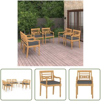 Batavia Tuinstoelen - Set van 6 - Teakhout - 55 x 51.5 x 84 cm - Donkergrijze kussens Grijs