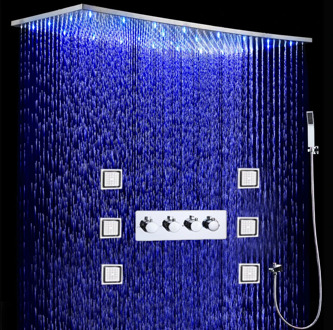 Bathroom LED Shower Set 500x1000MM Ceiling Large Rain Shower Head Panel Thermostatic Shower Faucets With Massage Body Jets Set