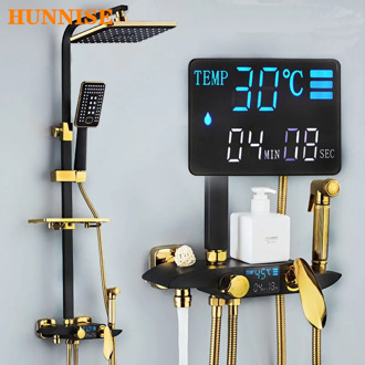 Bathroom Mixer Tap Luxury Digital Bathroom Shower Set Black Gold Bath Mixer Faucet Intelligent Thermostatic Bathroom Shower Set