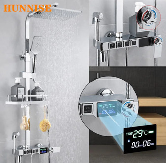 Bathroom Shower Faucet Polished Chrome Bathroom Shower Mixer Set Luxury Digital Bath Rainfall Shower System Thermostatic Faucet
