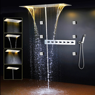 Bathroom Shower Set LED Ceiling Shower Head Rainfall Waterfall Faucet Hot and Cold Water Mixer Tap Thermostatic Concealed Shower