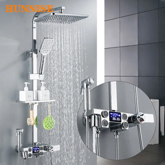 Bathroom Shower Set with Polished Chrome Digital Bathroom Shower System Rainfall Shower Head Chrome Thermostatic Shower Set