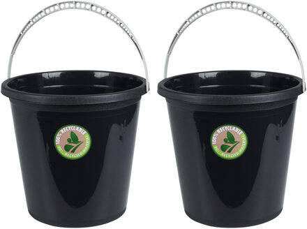 Bathroom solutions 2x Stuks huishoud emmers - 10L - gerecycled kunststof - Zwart - Emmers