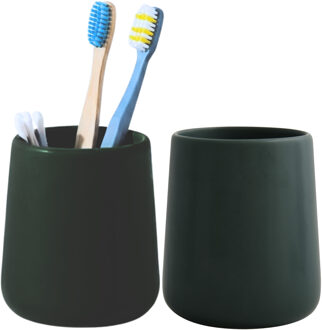 Bathroom solutions Badkamer beker / tandenborstelhouder Earth Serie - 2x - Keramiek - donkergroen - 8 x 10 cm