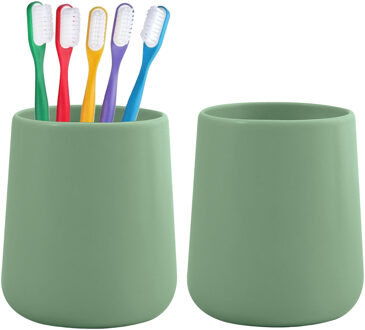Bathroom solutions Badkamer beker / tandenborstelhouder Earth Serie - 2x - Keramiek - groen - 8 x 10 cm