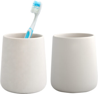 Bathroom solutions Badkamer beker / tandenborstelhouder Earth Serie - 2x - Keramiek - ivoor wit - 8 x 10 cm