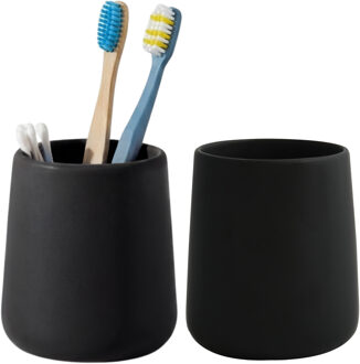 Bathroom solutions Badkamer beker / tandenborstelhouder Earth Serie - 2x - Keramiek - zwart - 8 x 10 cm