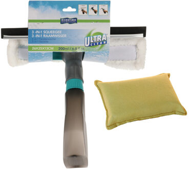 Bathroom solutions Raamwisser/Raamtrekker met zeemspons - 3 in 1 - zwart - kunststof - 26 cm