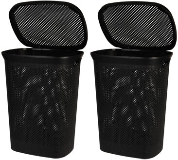 Bathroom Solutions Wasmand - Set van 2x stuks - zwart - 60 liter - 37 x 46 x 60 cm - met deksel