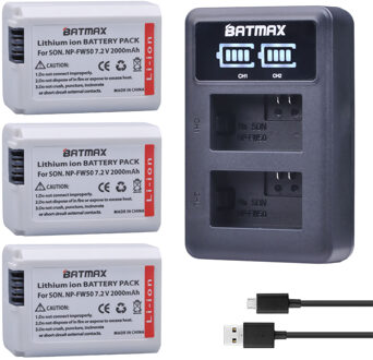 Batmax 3X2000 mAh NP-FW50 NP FW50 Camera Batterij + LED USB Dual Charger voor Sony Alpha a6500 a6300 a6000 a5000 a3000 NEX-3 a7R