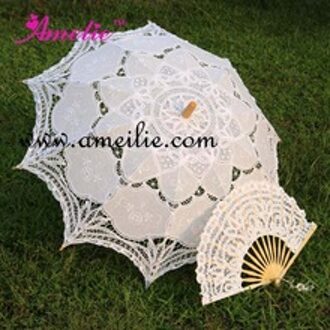 Battenburg Lace Parasol en Fan Parasol Set Bruid Volwassen size Vintage Beige